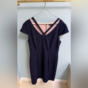 Roz & Ali Navy 12 Petite Midi Sheath Dress with Strappy V-Neck